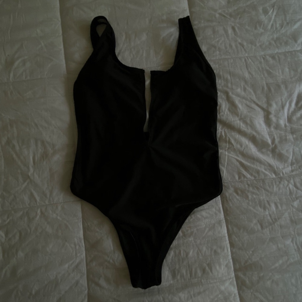 Black low back zipper front swimsuit